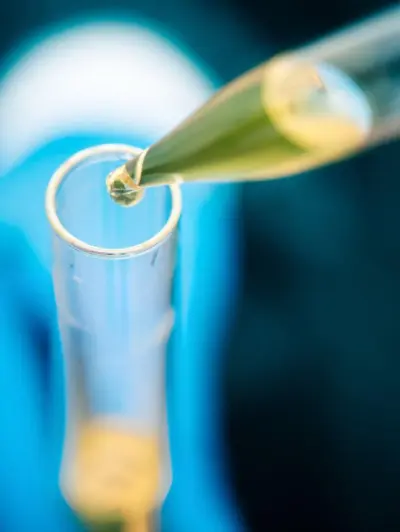 Close-up of liquid being pipetted into a scientific test tube