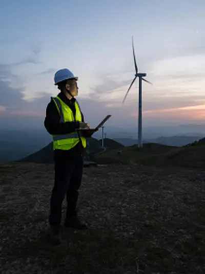 Engineer with laptop overlooking wind turbine at sunset