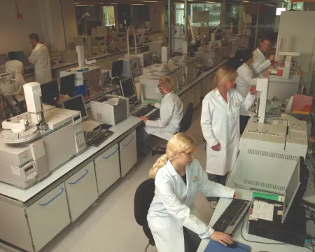 Researchers analyzing data in lab