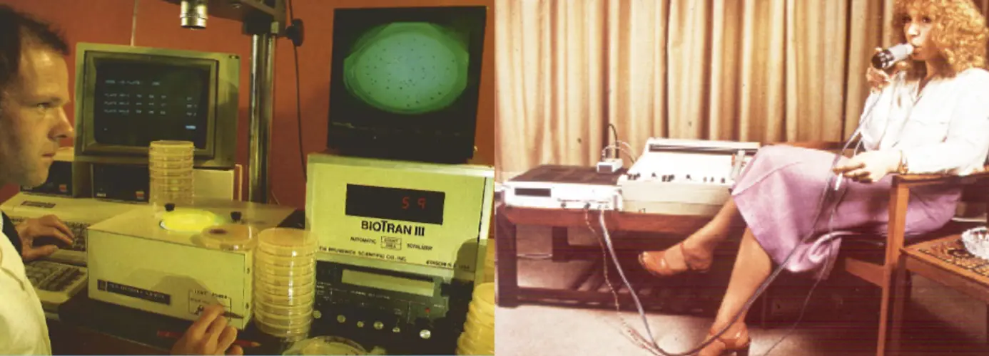 Biotran III laboratory equipment display and old smoking testing machine setup