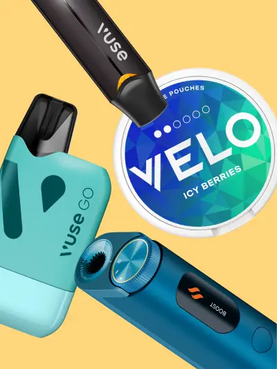 An assortment of vaping devices and nicotine pouches on yellow background