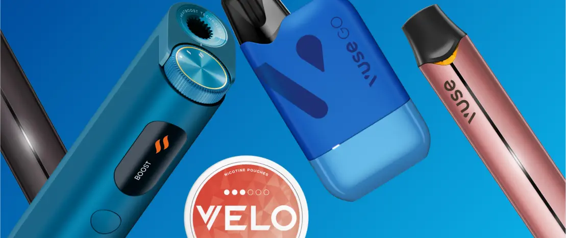 An assortment of vaping devices and nicotine pouches on blue background