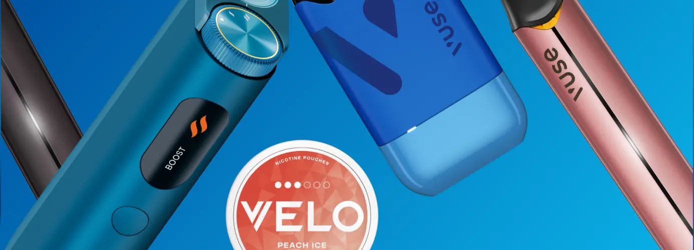 An assortment of vaping devices and nicotine pouches on blue background