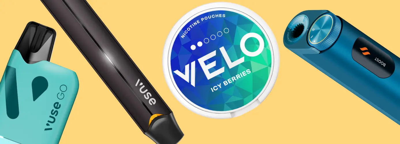 An assortment of vaping devices and nicotine pouches on yellow background