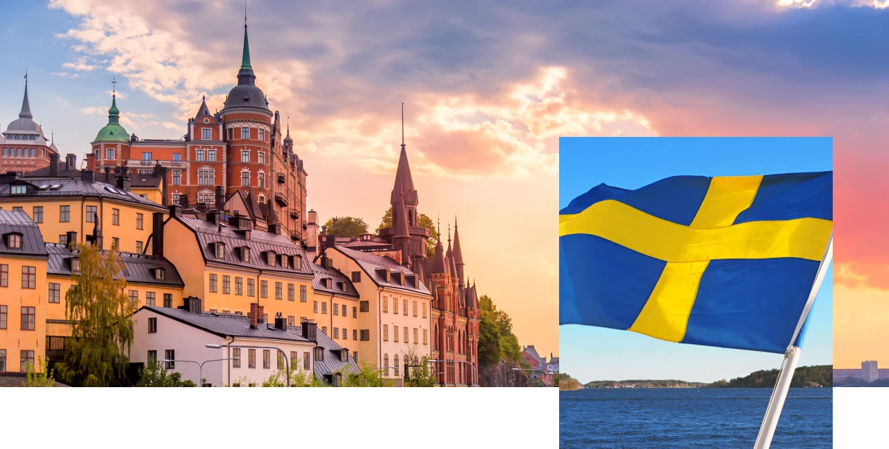 A cityscape with a Swedish flag waving in the foreground