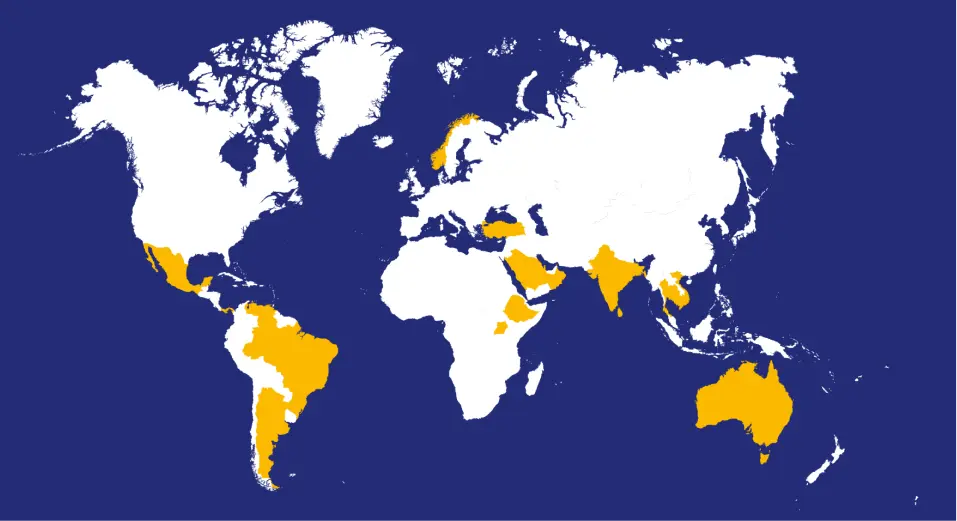 World map highlighting certain countries in yellow