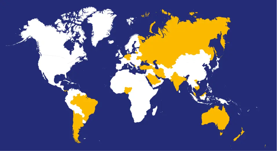 World map with large portion of Asia highlighted in yellow