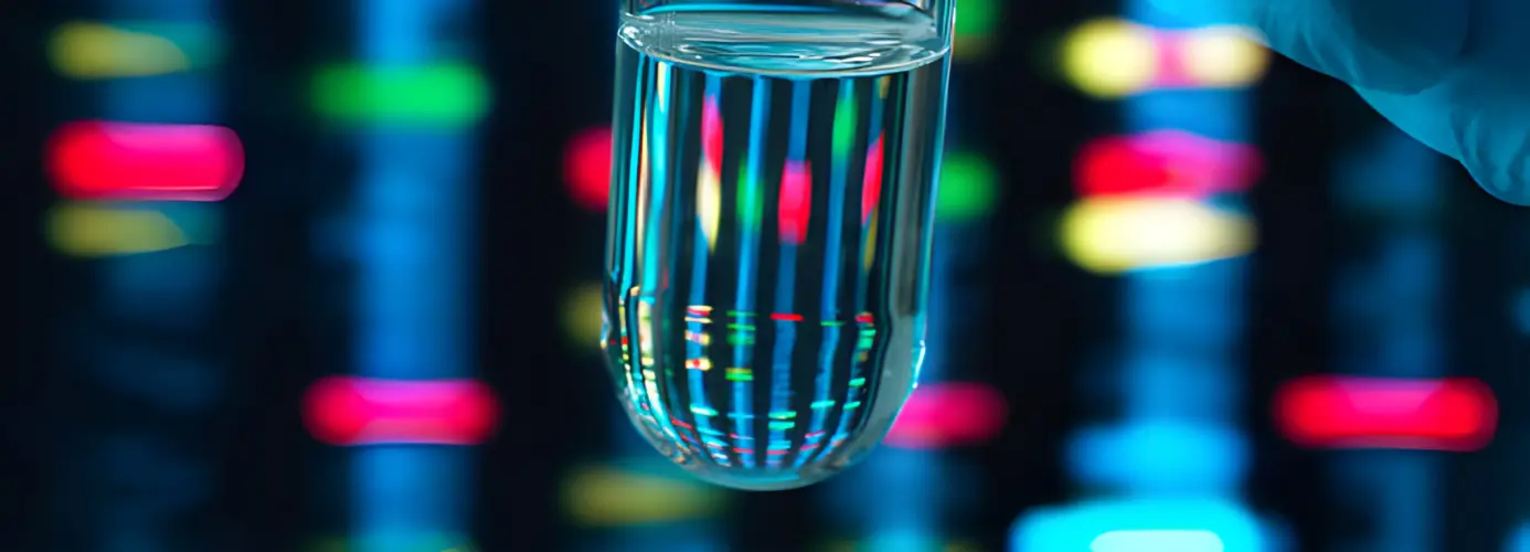Test tube with clear liquid reflecting colorful lights against a dark background.