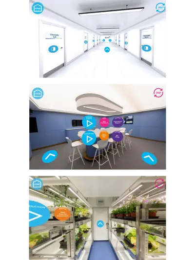 Collage of three interactive virtual tour images showing office hallway, meeting room, and plant growing facility.