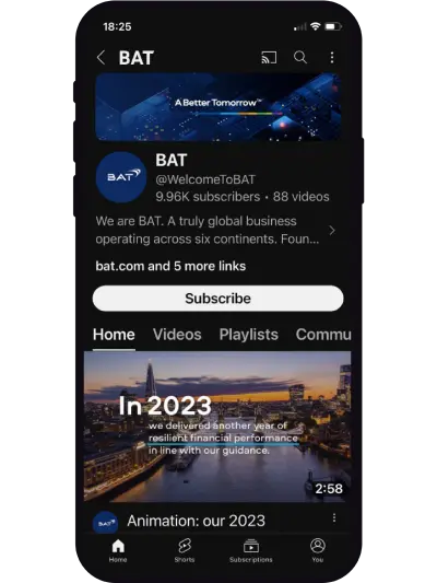 Smartphone screen showing BAT's YouTube channel page with company information and video thumbnails.