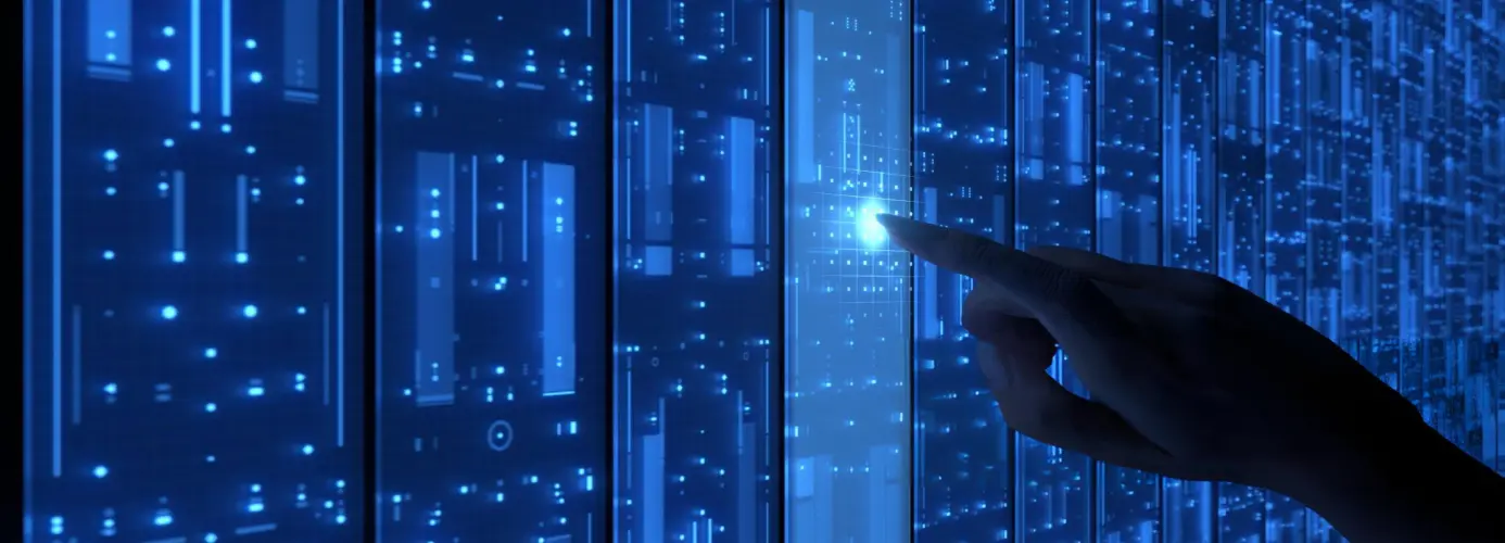 Finger touching illuminated data visualization on digital display